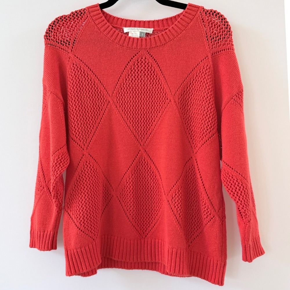 Stitch & Needle Coral Cotton Knit‎ Sweater Womens S Diamond Open Knit